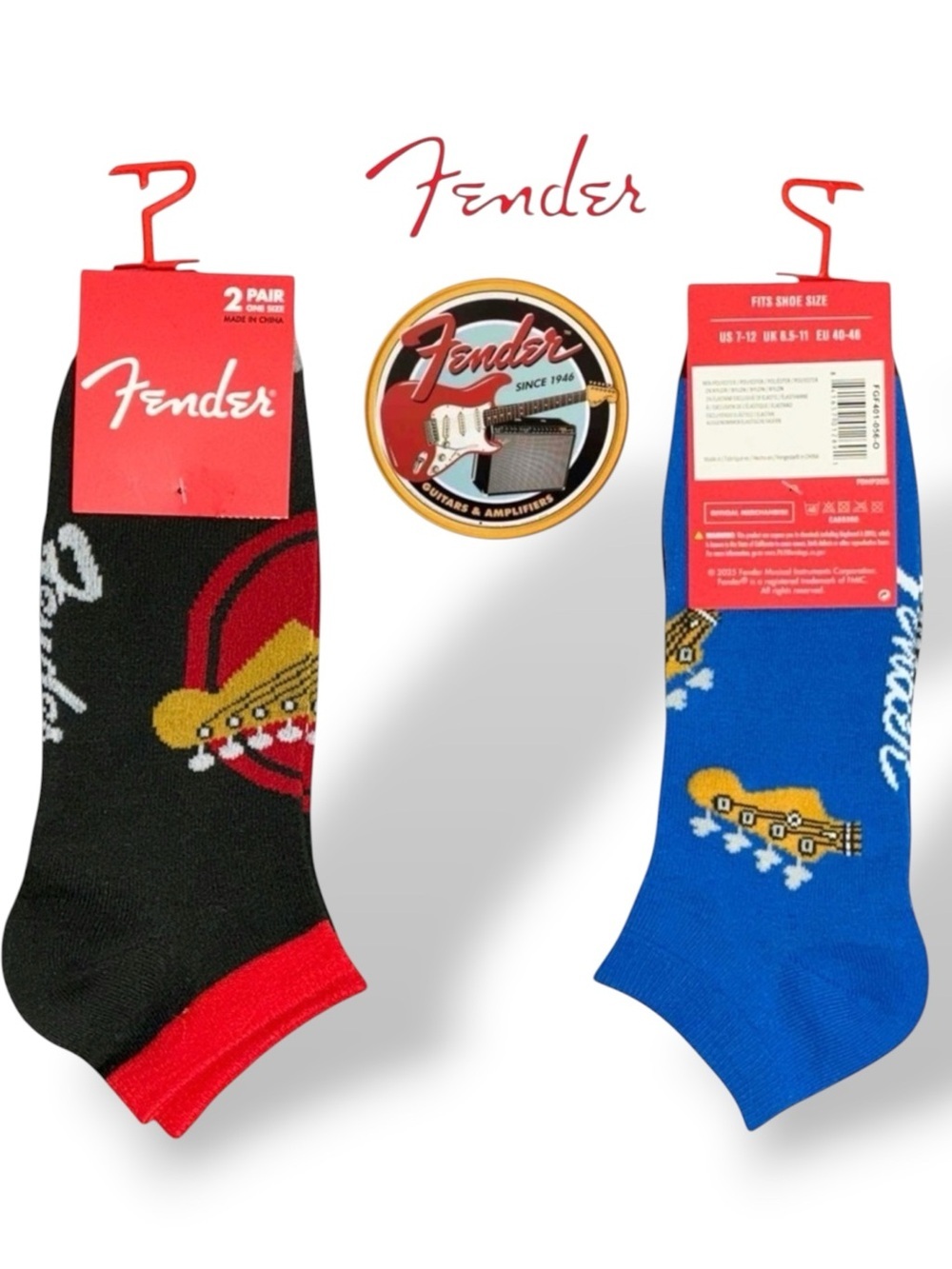 Fender Guitar Casual Socks 2 Pair Set Black Blue Adult Unisex Men 7-12 One Size
